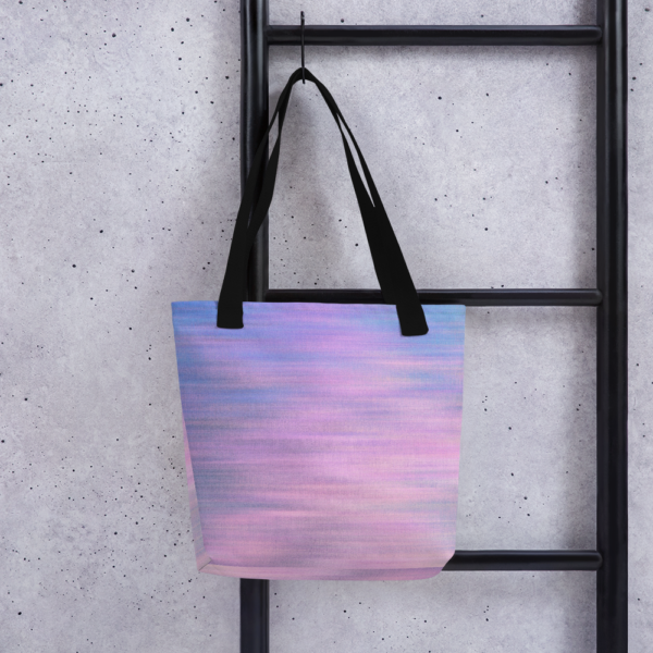 all-over-print-tote-black-15x15-mockup-624b401de1db7.png abstract sunset faded blue and purple sky bag