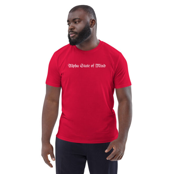 unisex-organic-cotton-t-shirt-red-front-68b5da5c028a8.jpg Alpha State Of Mind organic cotton t-shirt